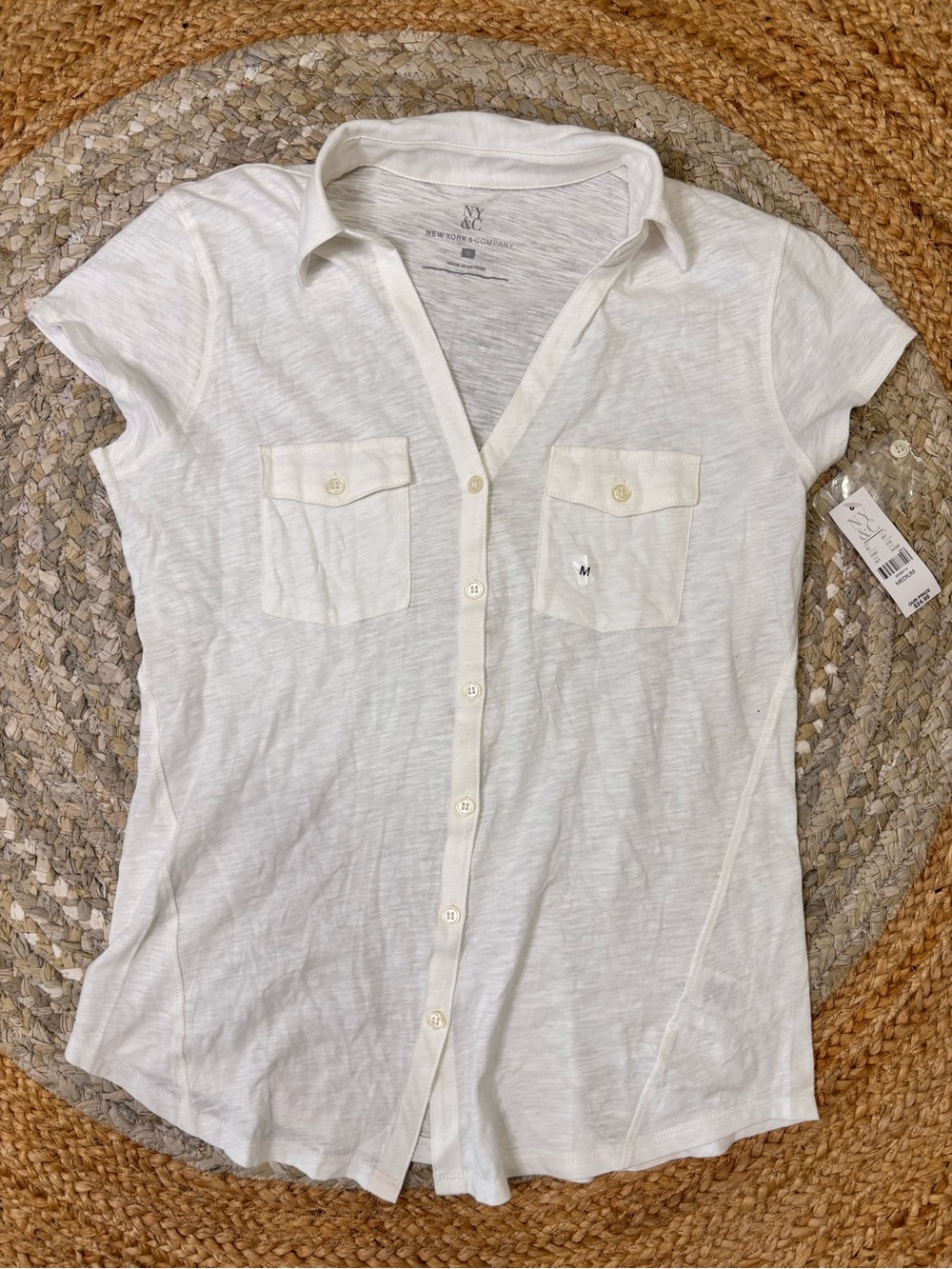 NY&C White Short-Sleeve Button-Front Women's Shirt